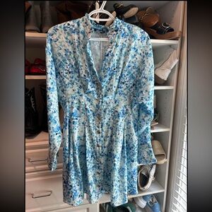 Zara Blue and White Long-Sleeve Mini Dress